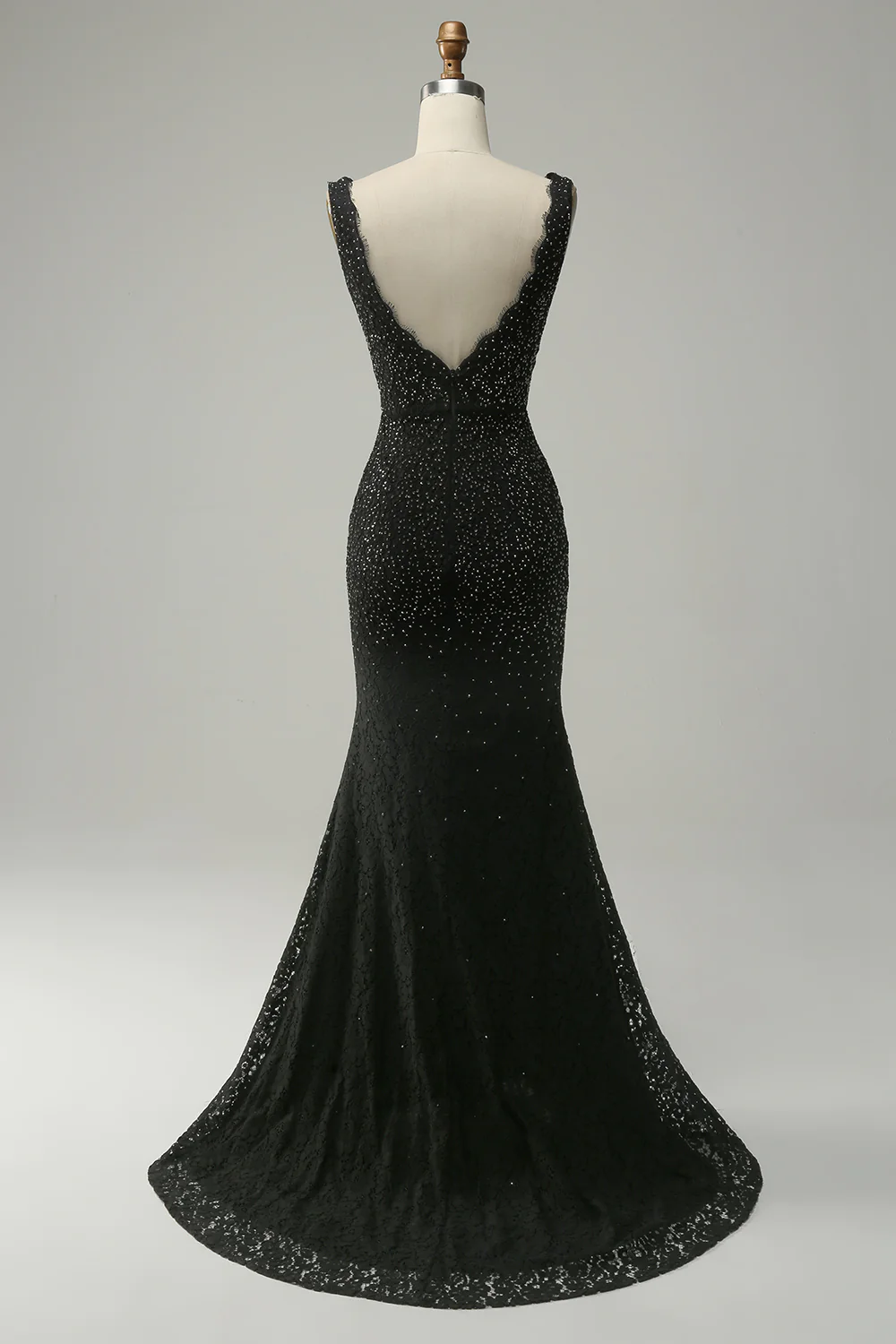 Schwarzes langes Meerjungfrau-Ballkleid mit tiefem V-Ausschnitt und Perlenbesatz, DP1526