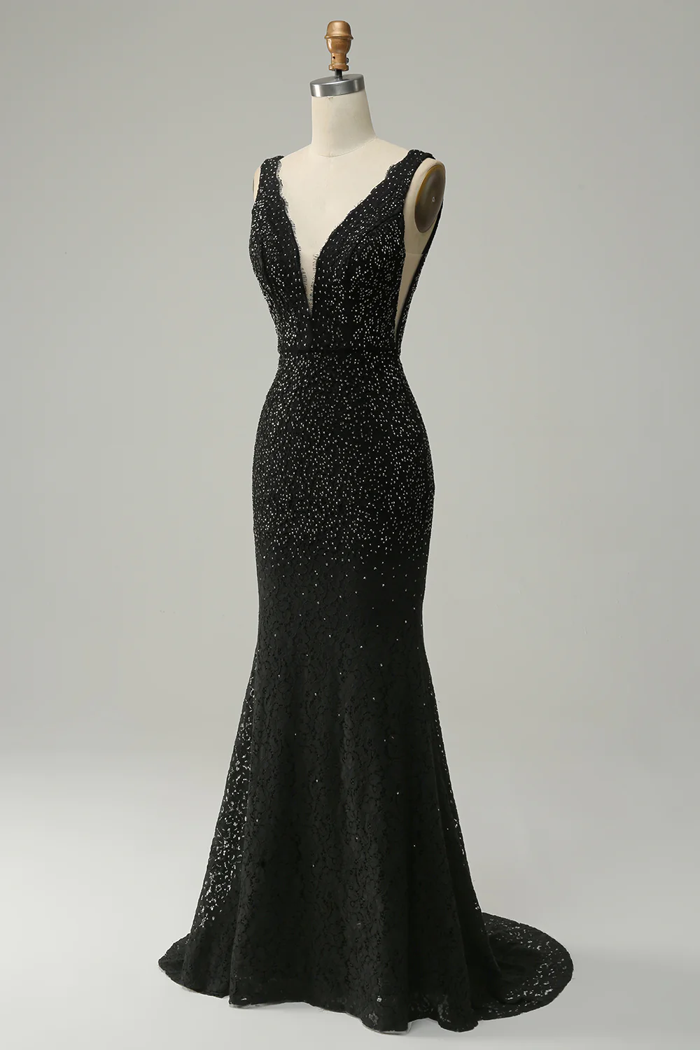 Schwarzes langes Meerjungfrau-Ballkleid mit tiefem V-Ausschnitt und Perlenbesatz, DP1526