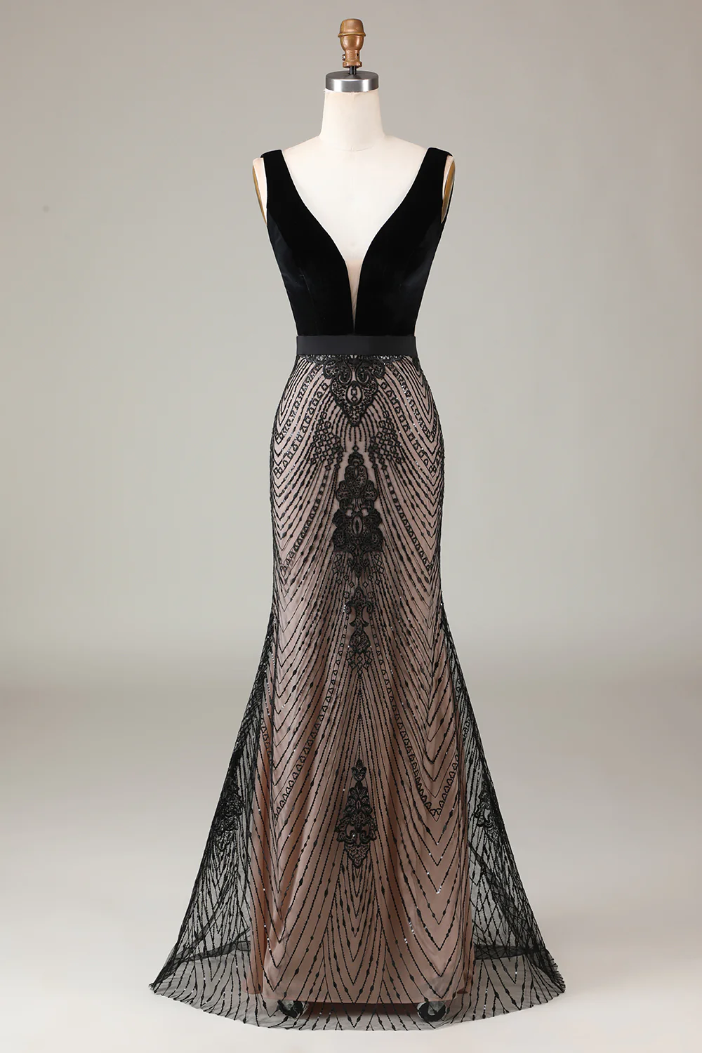 Schwarzes langes Meerjungfrau-Ballkleid mit tiefem V-Ausschnitt und offenem Rücken, DP1530