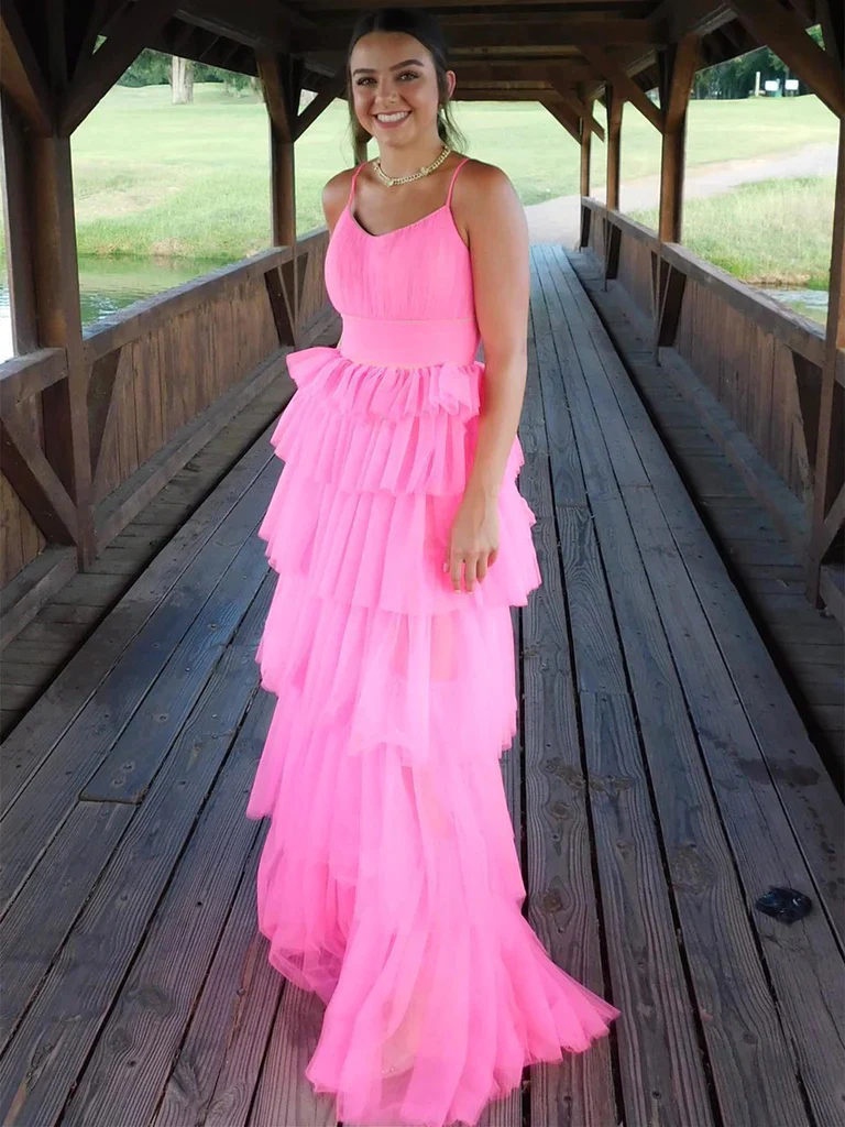 Hot Pink A-Line Tulle Layers Spaghetti Straps Long Prom Dress,DP1540
