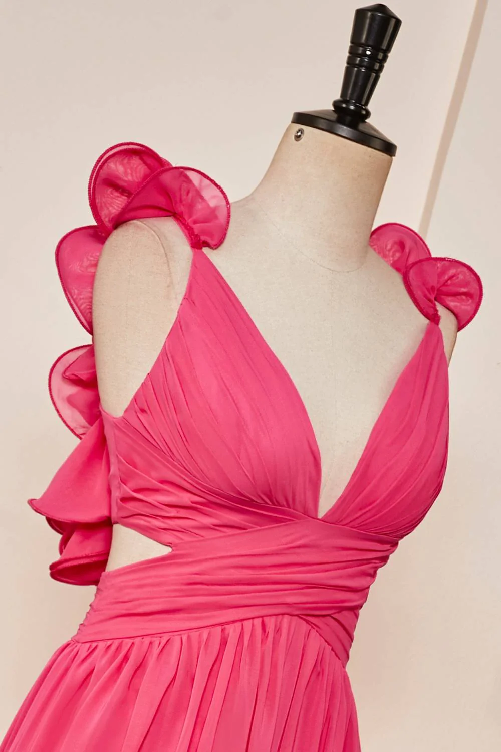 Hot Pink Plunging V-Neck Ruffled Straps A-Line Long Prom Dress,DP1559