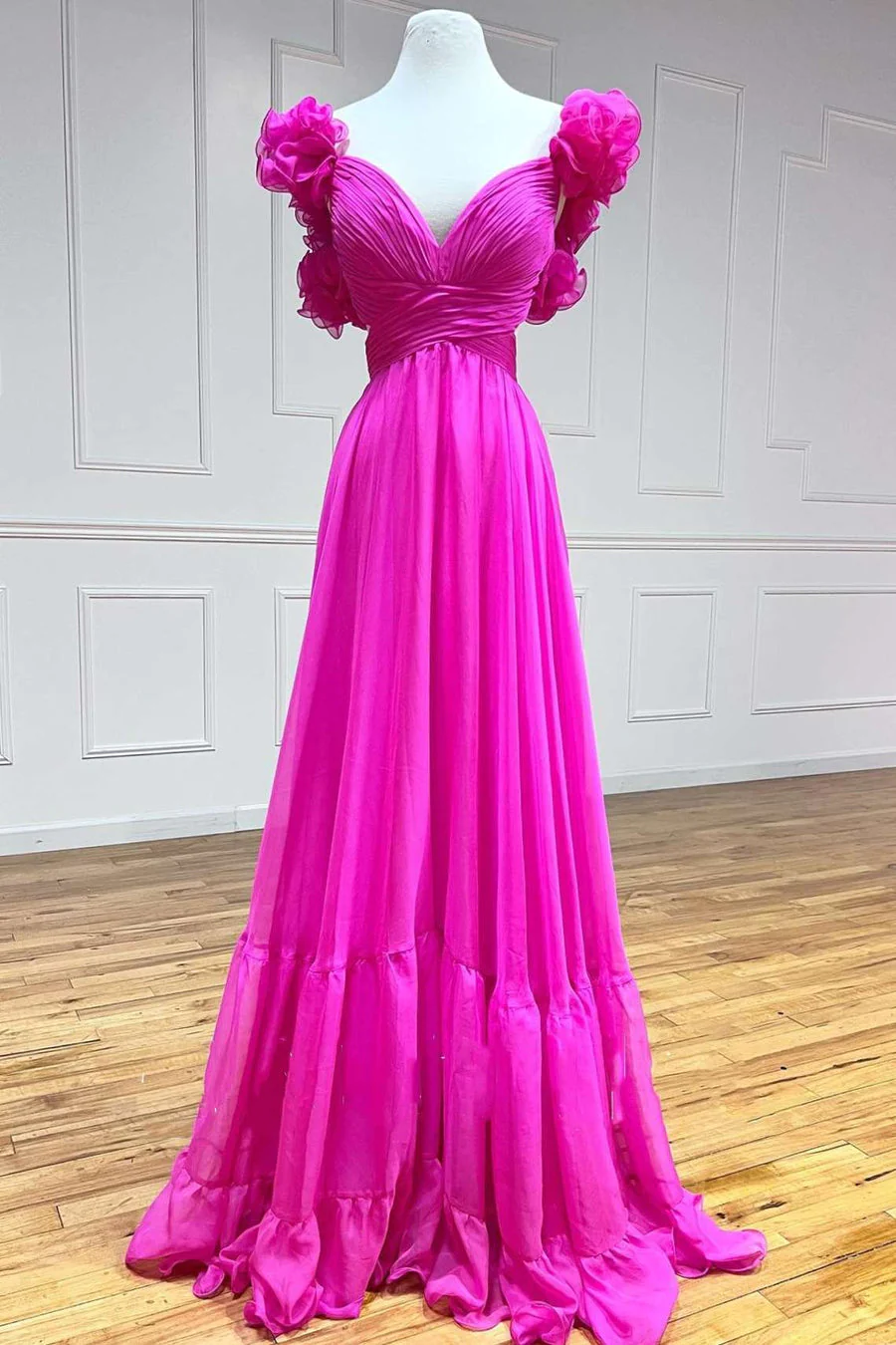 Pink A-Line Lace-Up V-Neck Ruffle Pleated Long Prom Dress,DP1560