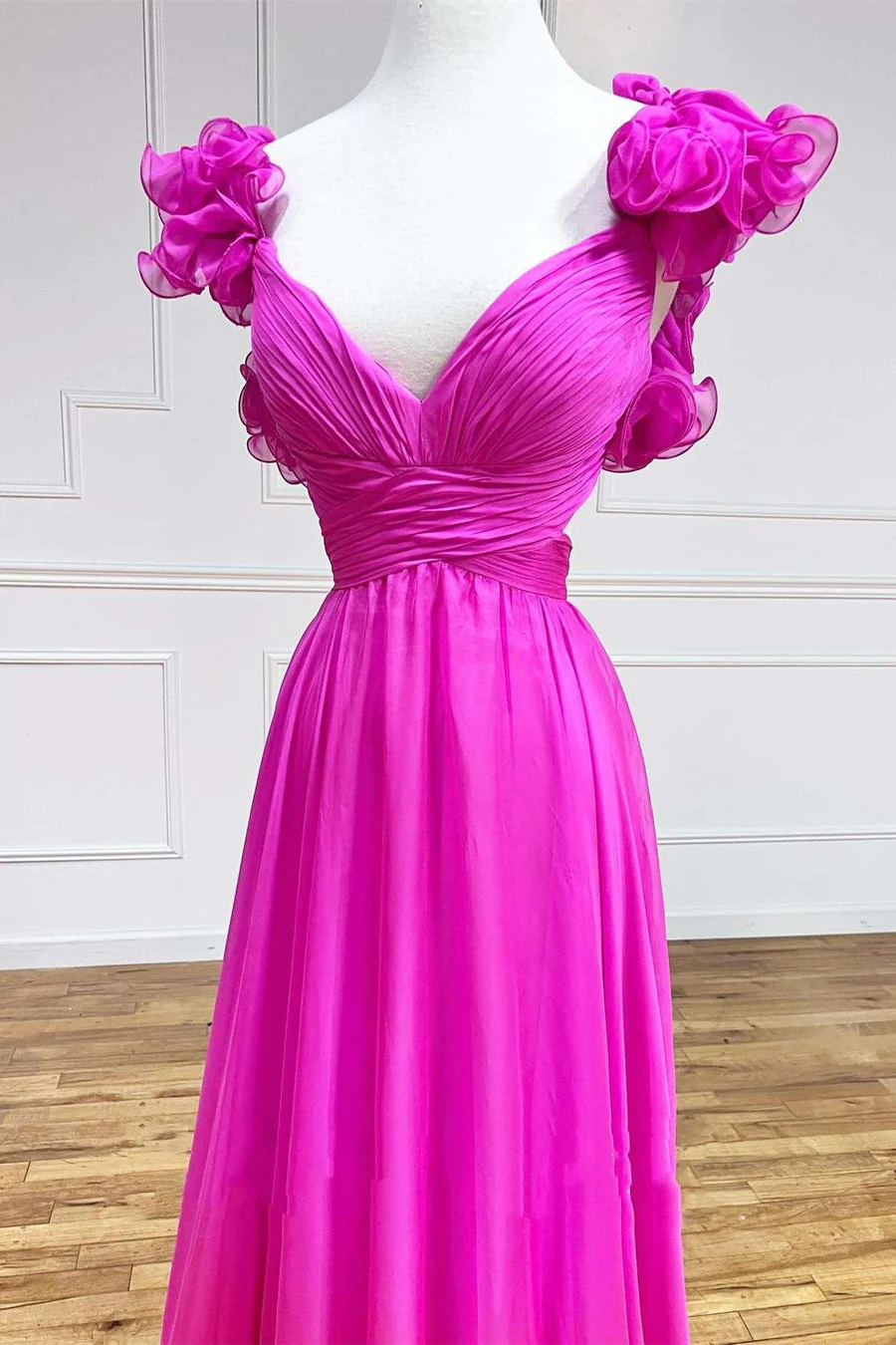Pink A-Line Lace-Up V-Neck Ruffle Pleated Long Prom Dress,DP1560