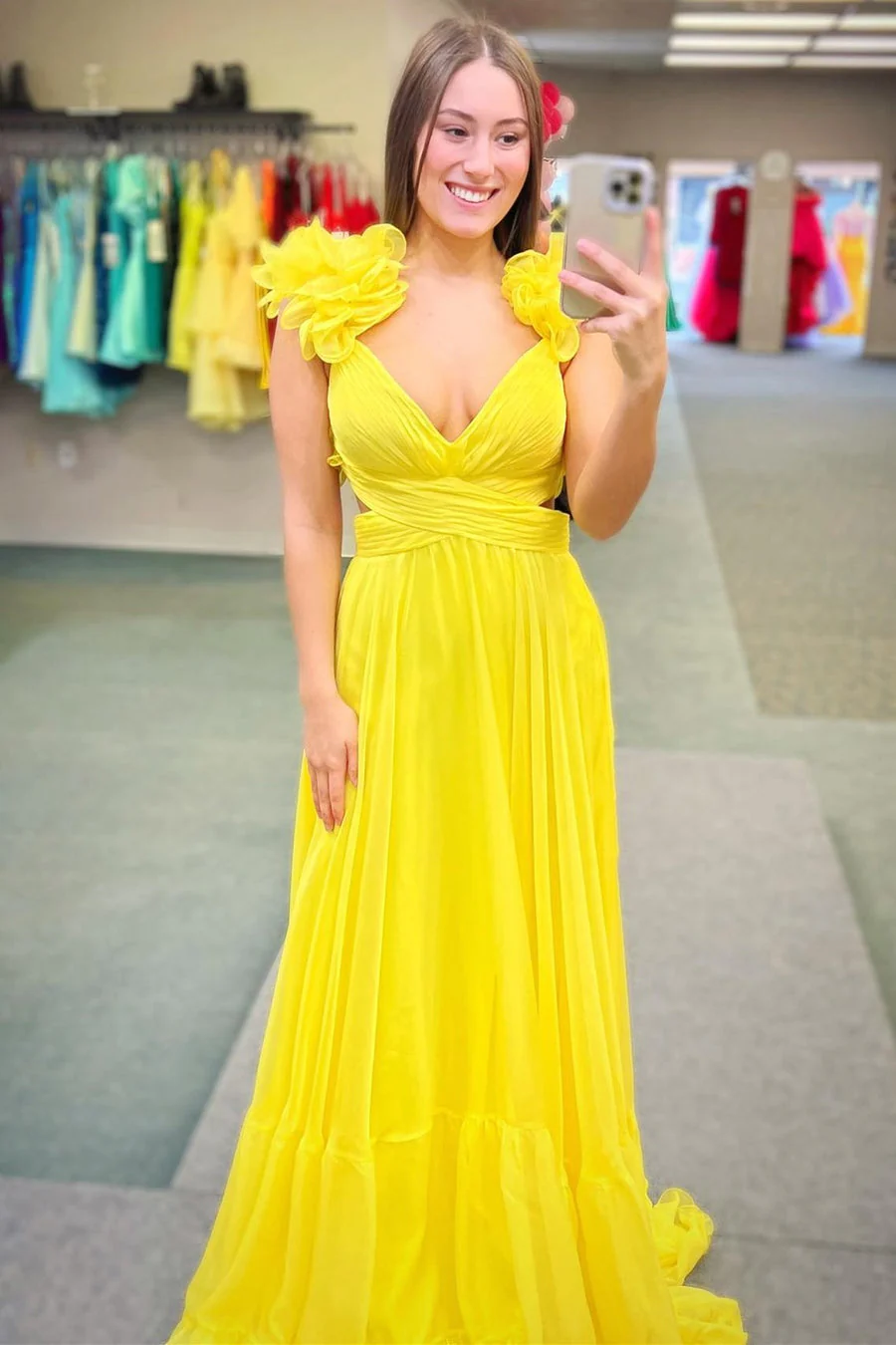 Pink A-Line Lace-Up V-Neck Ruffle Pleated Long Prom Dress,DP1560