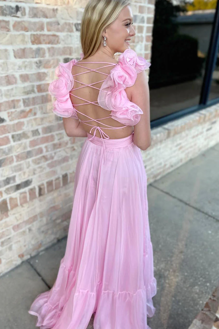 Pink A-Line Lace-Up V-Neck Ruffle Pleated Long Prom Dress,DP1560