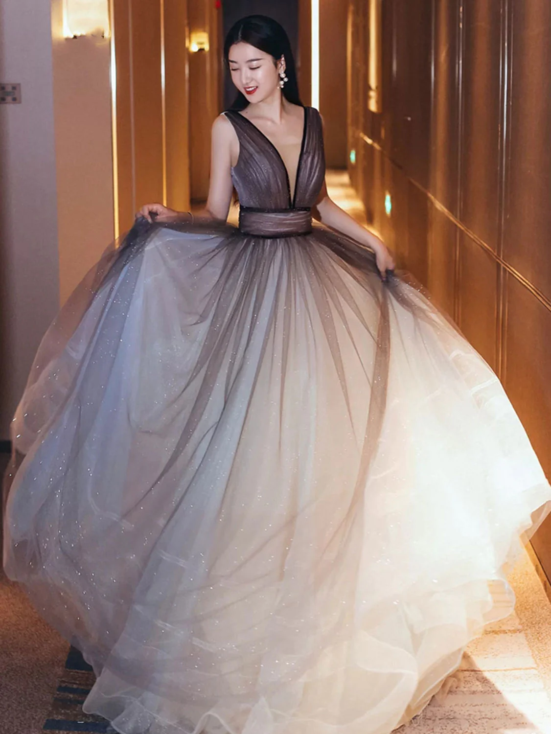 Glitter A-Line V Neck Tulle Long Prom Dress Tulle Long Formal Party Dress,DP1565