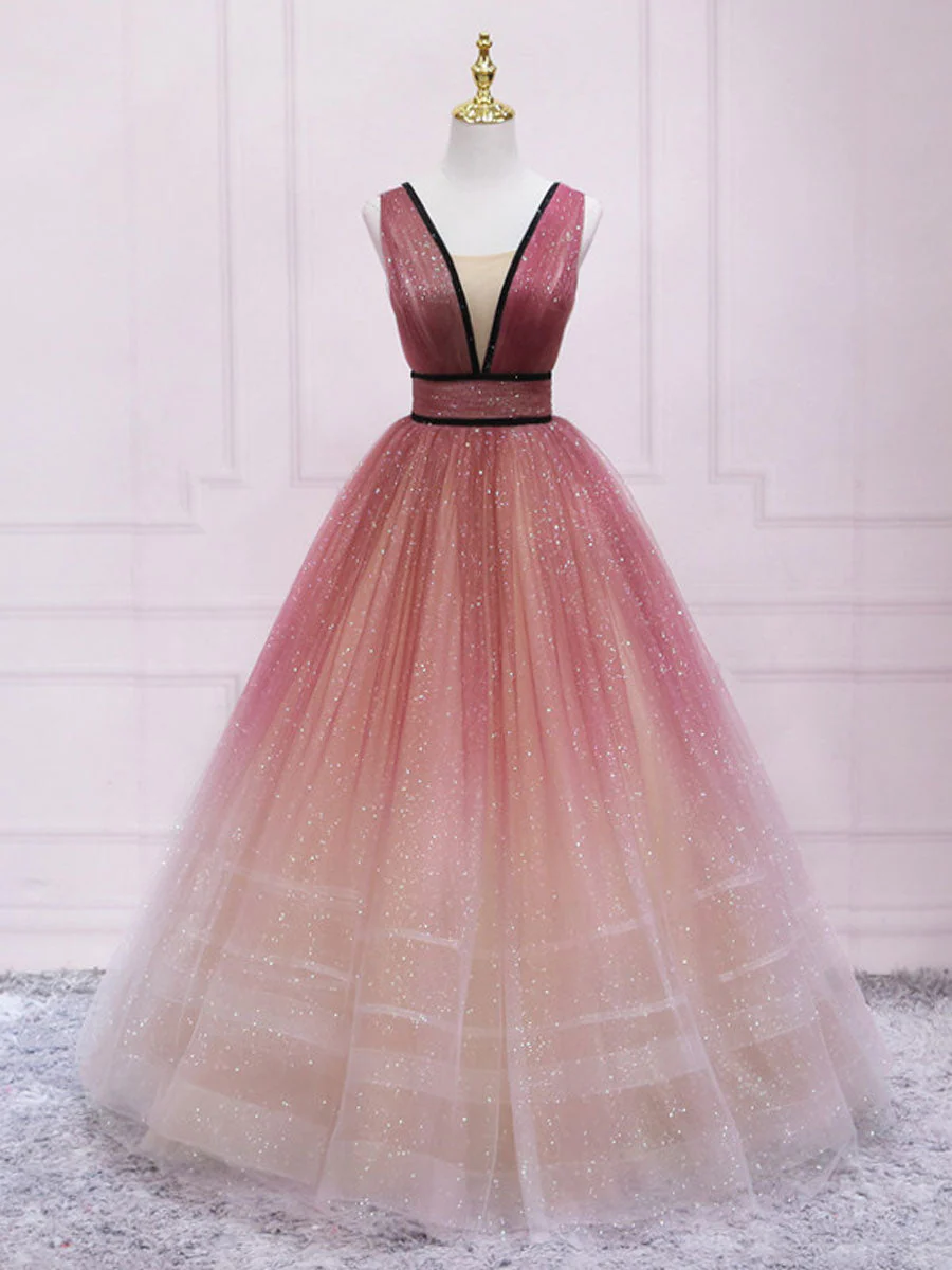 Glitter A-Line V Neck Tulle Long Prom Dress Tulle Long Formal Party Dress,DP1565