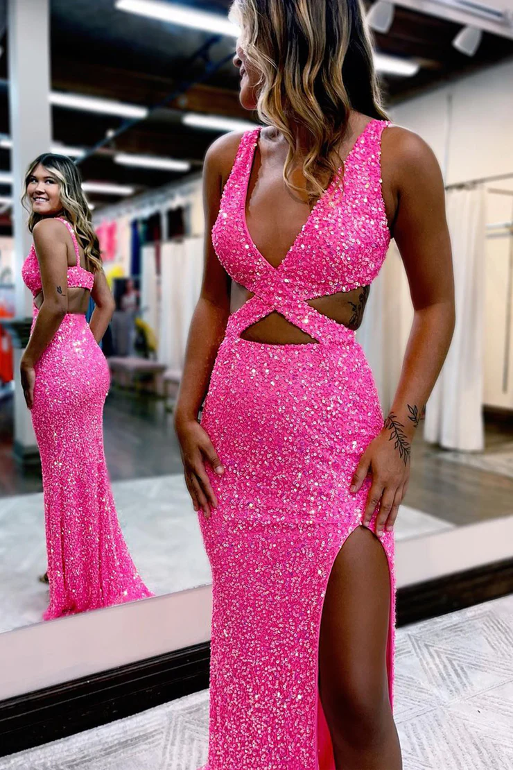 Glitter Hot Pink Charming Mermaid V Neck Sequins Long Prom Dresses with Slit,DP1586