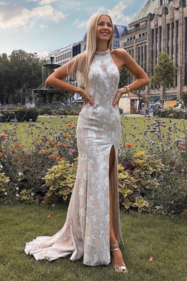 Sexy Neckholder Rückenfreies Langes Spitzen Ballkleid mit Schlitz,DP1603