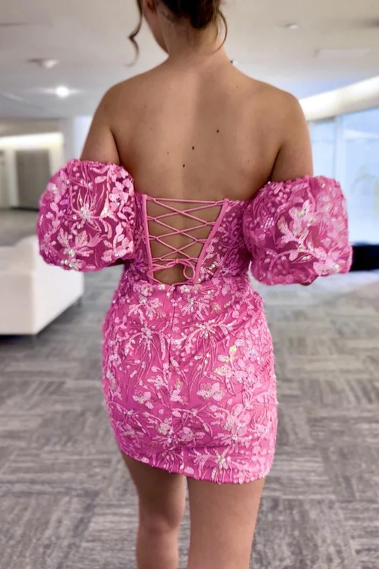 Robe courte bustier à sequins rose vif et manches amovibles, DP1604