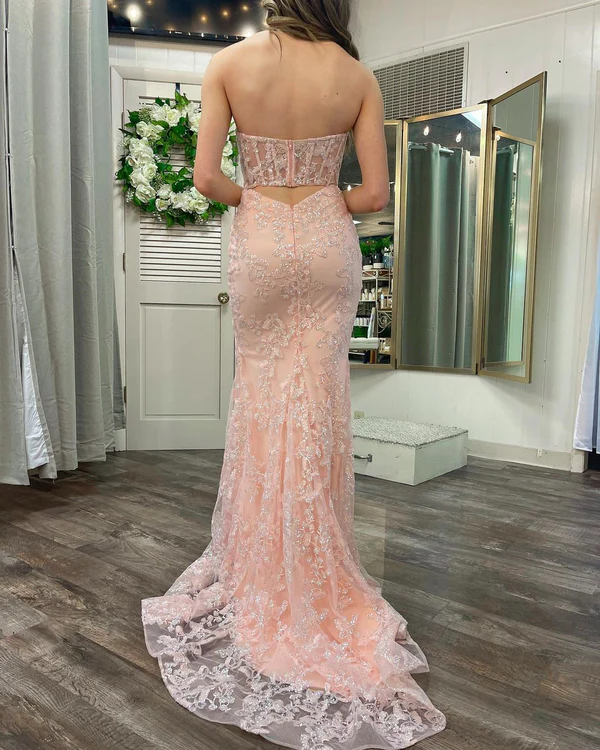 Robe de bal longue sirène rose bustier en dentelle pailletée, DP1611