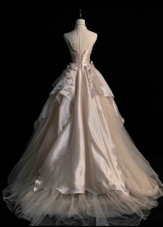 Robe de soirée longue bustier en tulle rose perle avec perles, DP1621