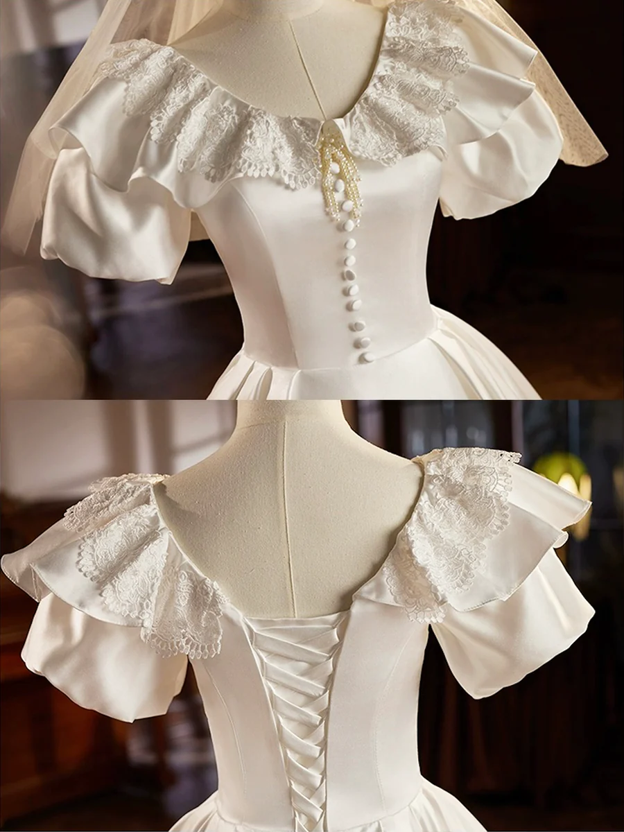 Robe de bal trapèze rétro en satin blanc à manches courtes et longueur thé, DP1648