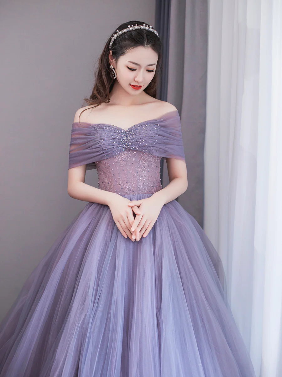 Purple A-Line Off Shoulder Tulle Beading Long Prom Dress,DP1653