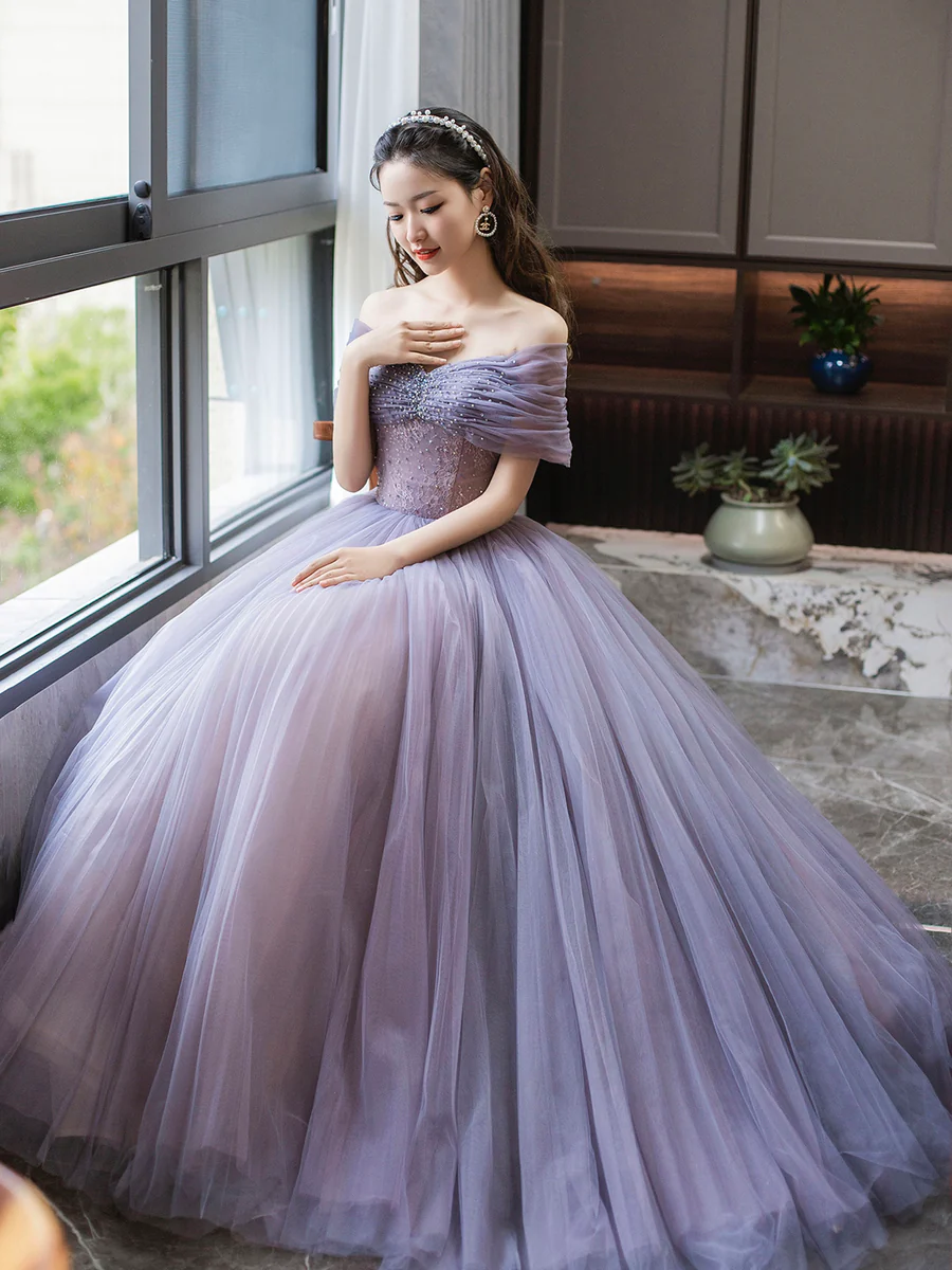 Purple A-Line Off Shoulder Tulle Beading Long Prom Dress,DP1653