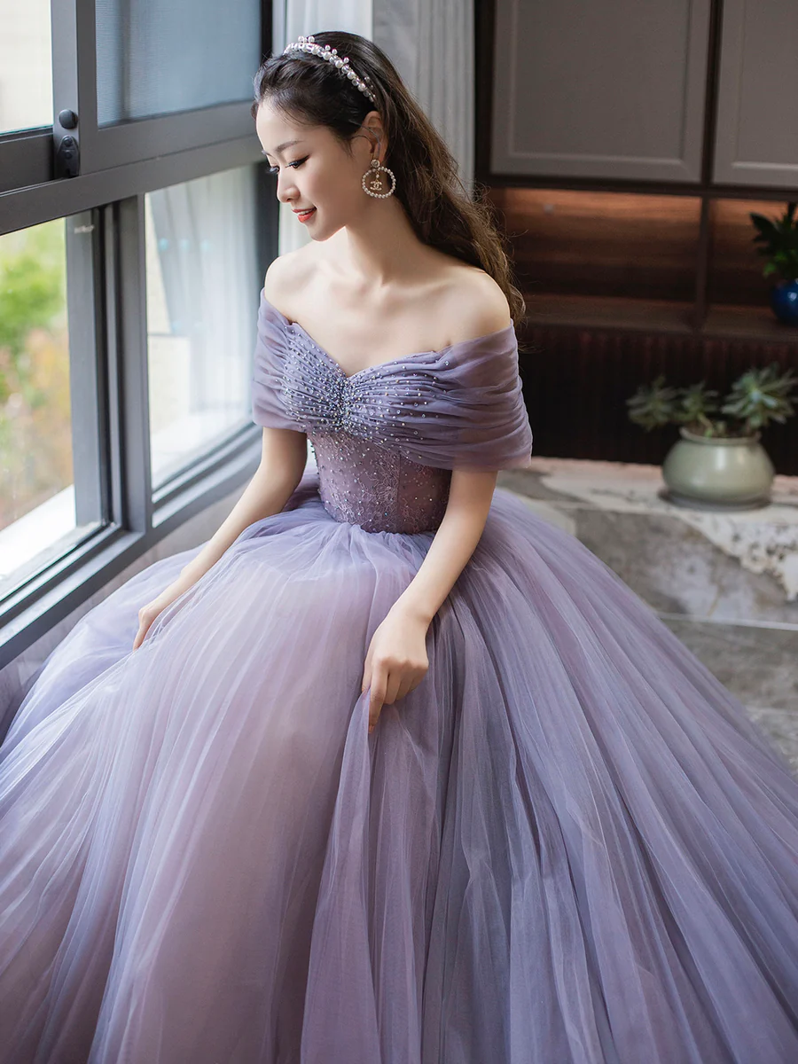 Purple A-Line Off Shoulder Tulle Beading Long Prom Dress,DP1653