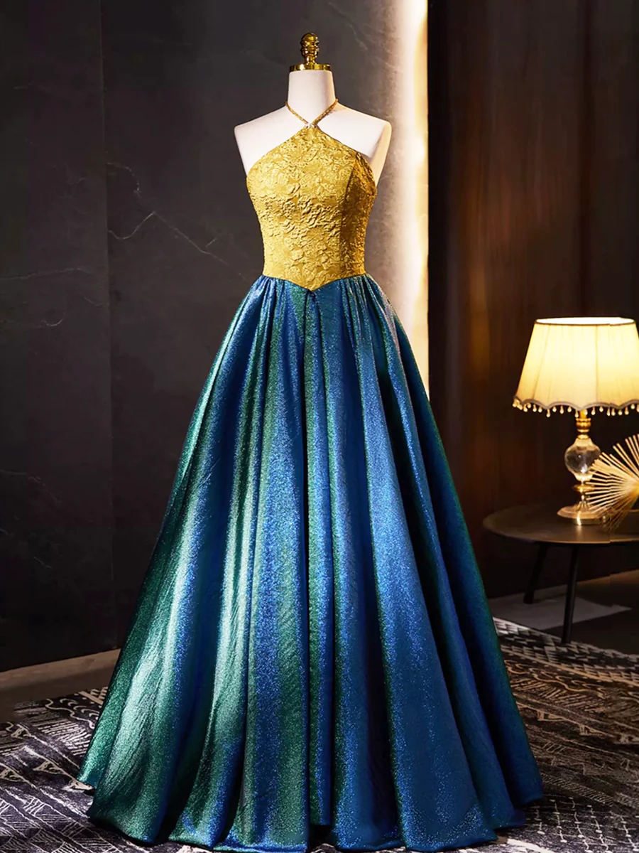 Elegant Halter Neck A-Line Retro Long Prom Dress Evening Party Dress,DP1654