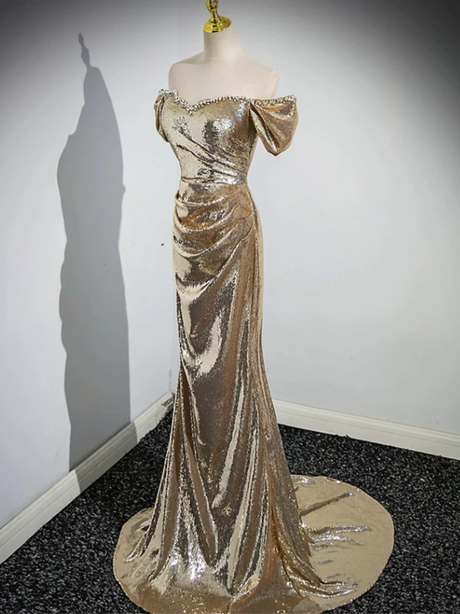 Gold Sequins Off Shoulder Mermaid Long Prom Dress Evening Party Dress,DP1655