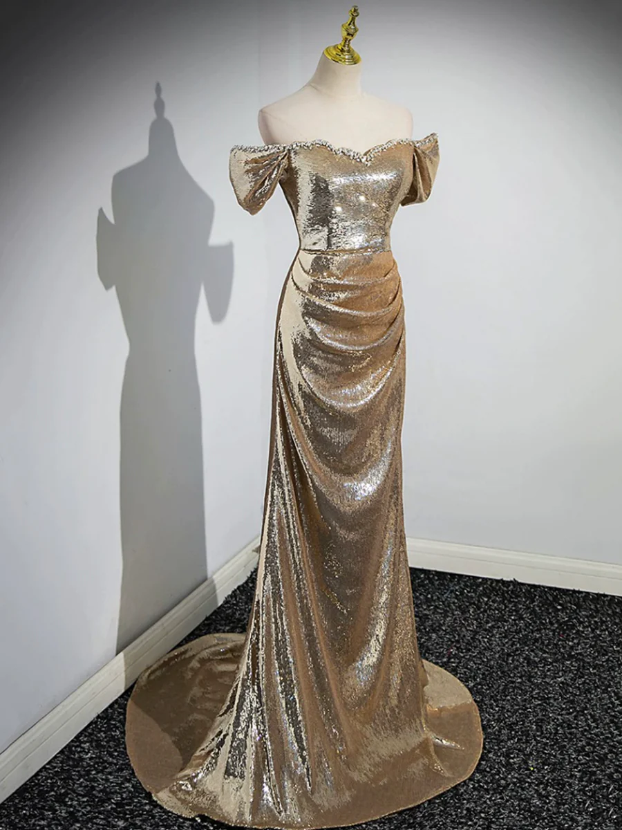 Gold Sequins Off Shoulder Mermaid Long Prom Dress Evening Party Dress,DP1655