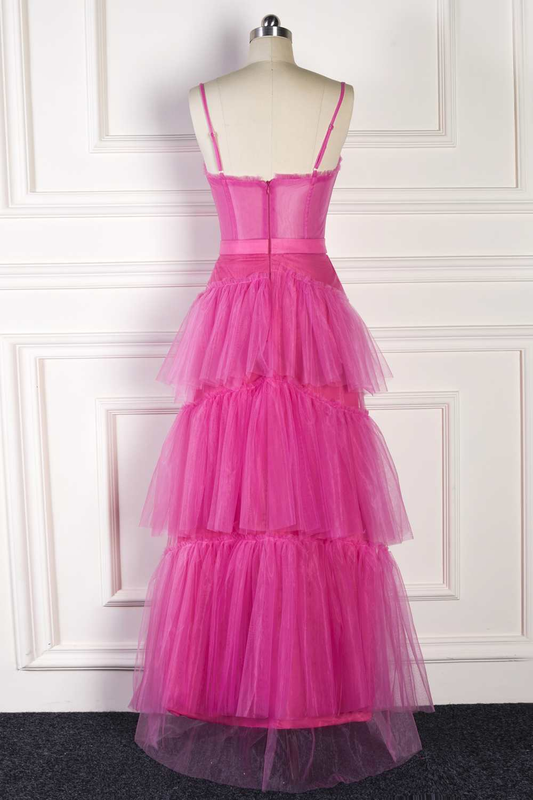 Hot Pink Spaghettiträger A-Linie Tüll Gestuftes Langes Partykleid,DP1695