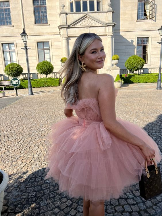 Robe de soirée bustier en tulle rose poudré, tenue de fête d'anniversaire, DP1699