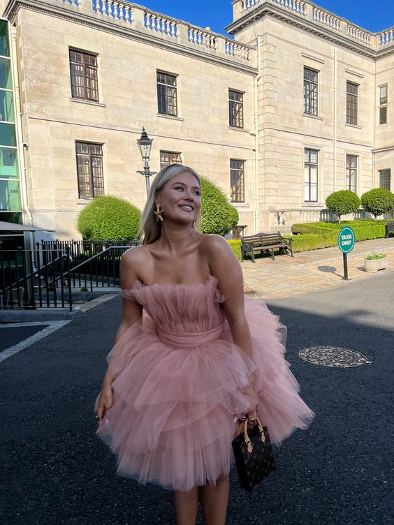Robe de soirée bustier en tulle rose poudré, tenue de fête d'anniversaire, DP1699
