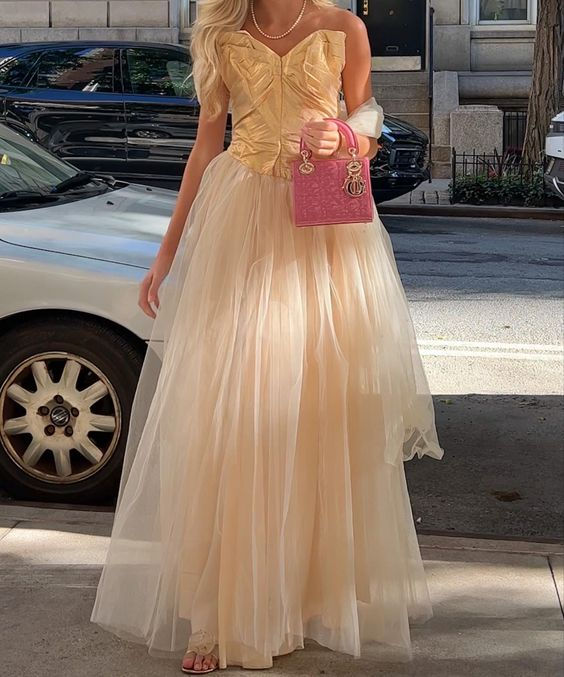 Elfenbeinfarbenes trägerloses A-Linien-Tüll-Langballkleid, Geburtstagspartykleid, DP1700