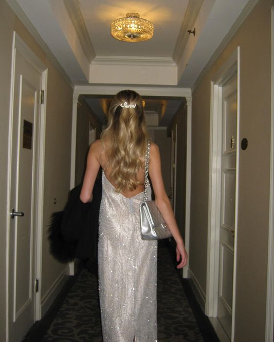 Robe de soirée longue et brillante, dos nu, argentée, DP1706