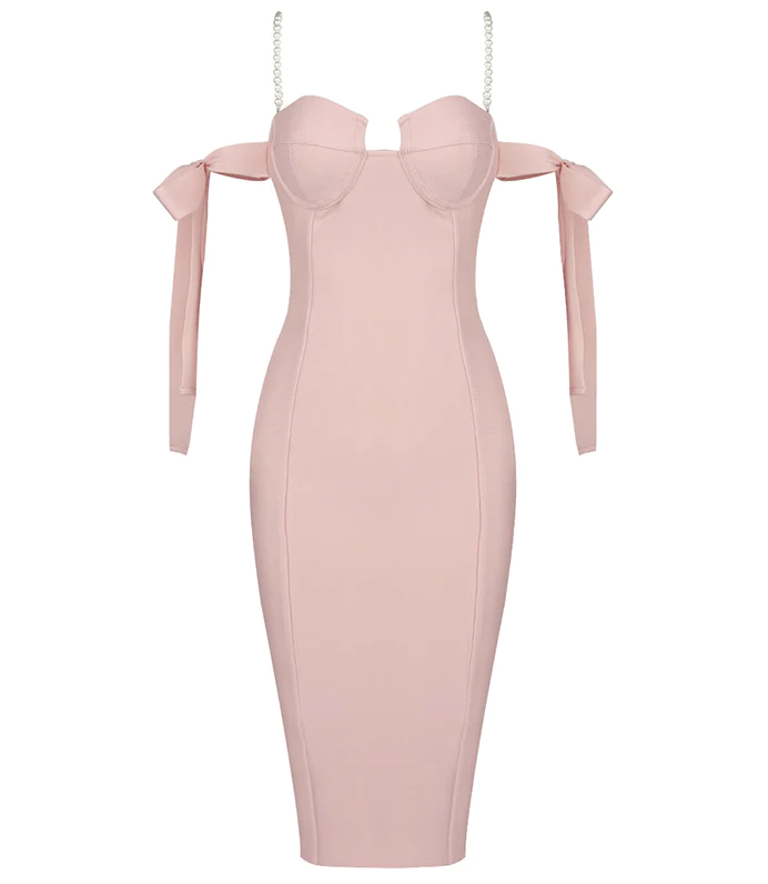 Robe de cocktail mi-longue rose clair à épaules dénudées, DP1721