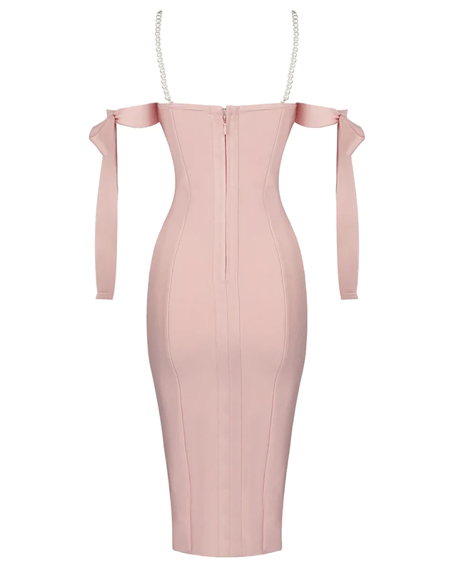 Robe de cocktail mi-longue rose clair à épaules dénudées, DP1721