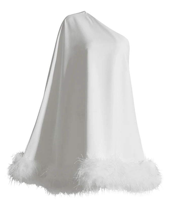 Robe de soirée courte blanche unique à une épaule avec plumes, DP1723