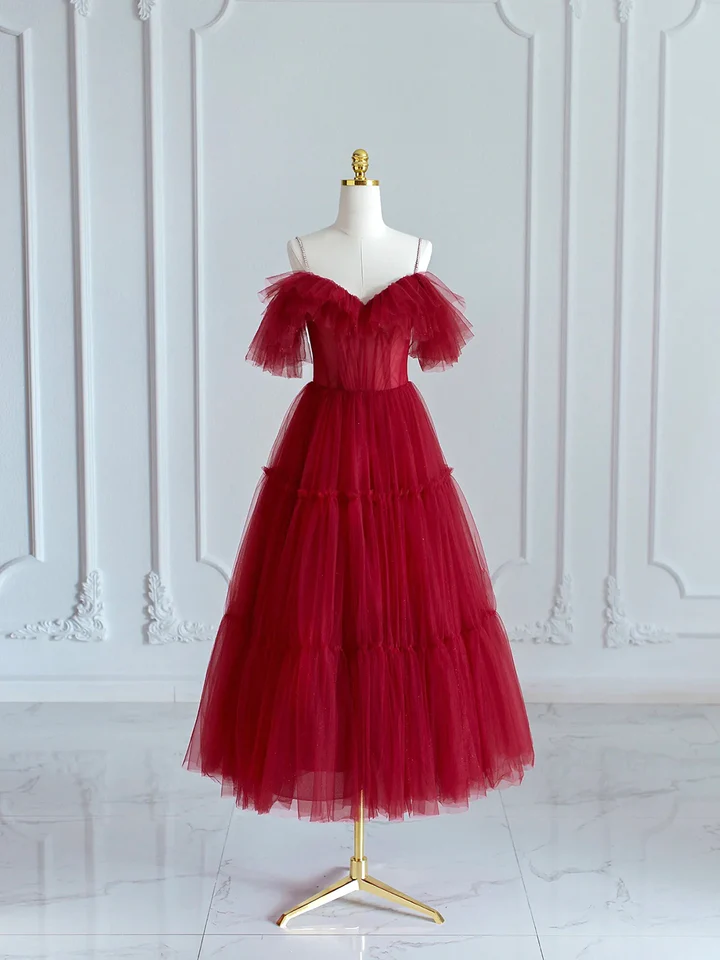 Robe de soirée trapèze bordeaux à épaules dénudées, longueur thé, DP1731
