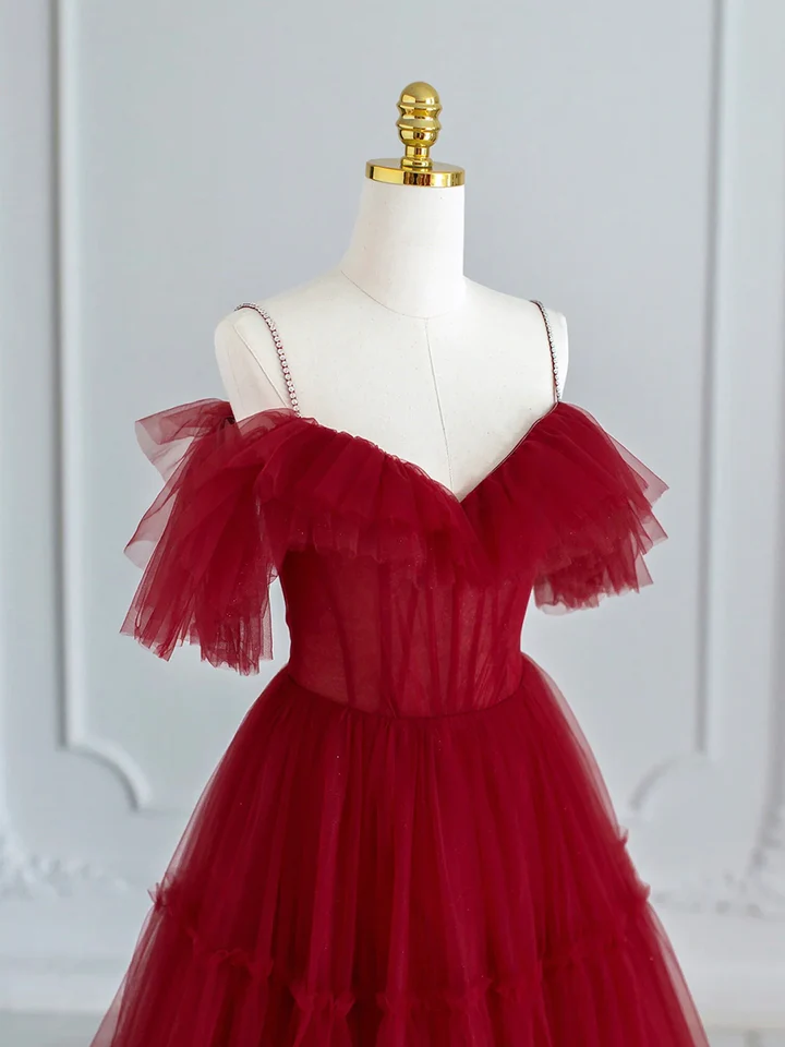Robe de soirée trapèze bordeaux à épaules dénudées, longueur thé, DP1731