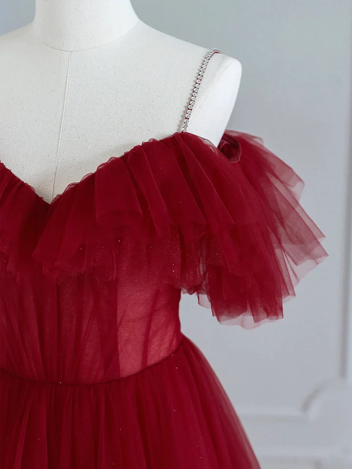 Robe de soirée trapèze bordeaux à épaules dénudées, longueur thé, DP1731