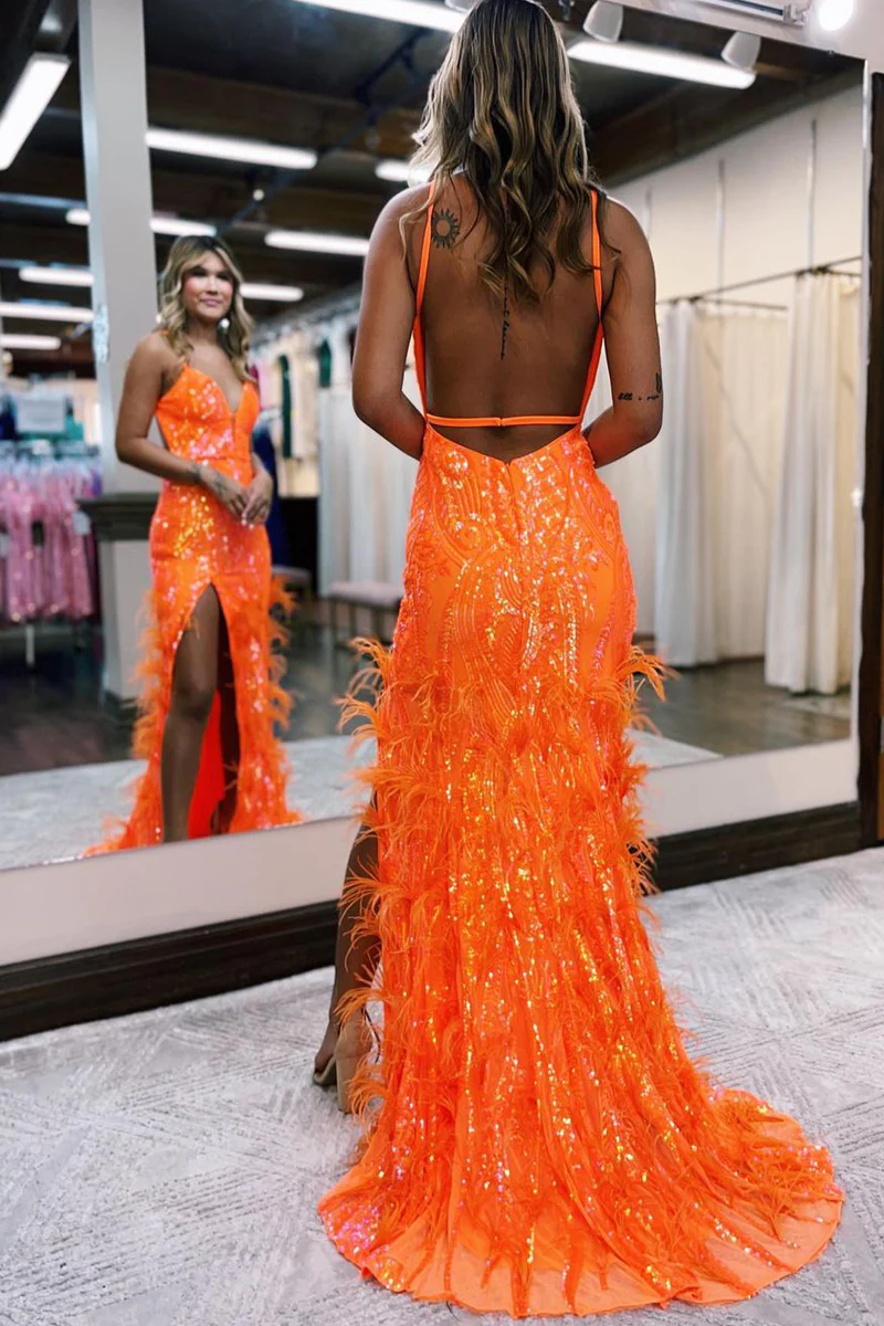 Hot Pink Sequined V Neck Feather Long Prom Dress with Slit,DP1751