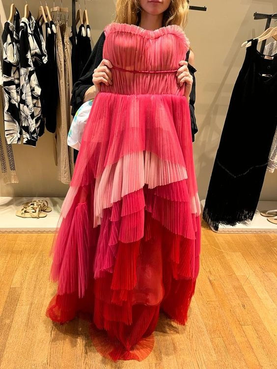 Hot Pink Strapless A-Line Layers Long Prom Dress,DP1760