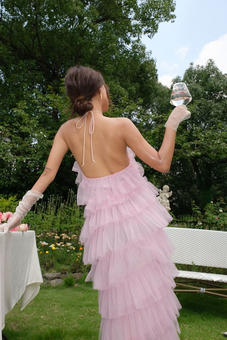 Pink Halter Tulle Tiered Backless Long Prom Dress with Slit,DP1762