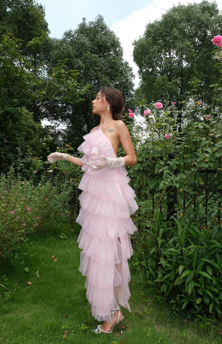 Pink Halter Tulle Tiered Backless Long Prom Dress with Slit,DP1762