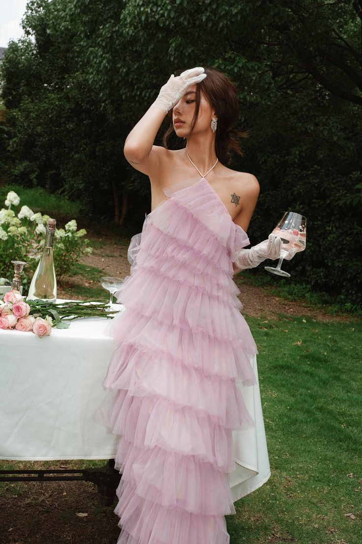 Pink Halter Tulle Tiered Backless Long Prom Dress with Slit,DP1762