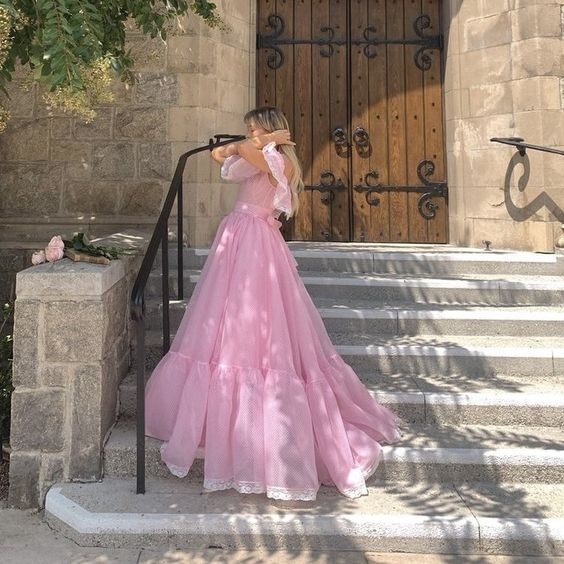 Robe de soirée longue rose à épaules dénudées et coupe trapèze, DP1766