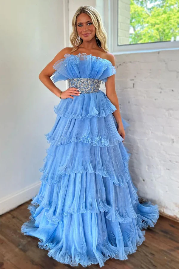 Blue Strapless A-Line Tiered Long Prom Dress Evening Gown,DP1776 DSProm Blue Strapless A-Line Tiered Long Prom Dress Evening Gown,DP1776 DSProm