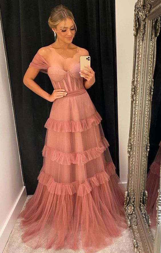 Robe de soirée longue rose en tulle à épaules dénudées, DP1782