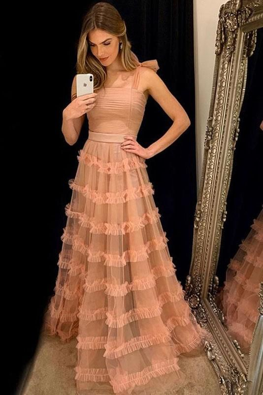 Robe de soirée longue trapèze en tulle rose à bretelles, DP1786