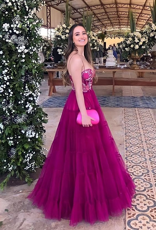 Fuchsia Spaghettiträger A-Linie Tüll Langes Partykleid,DP1787