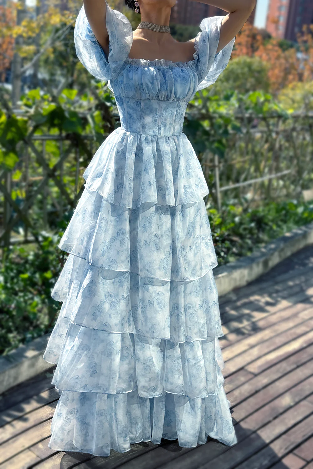 Robe de soirée longue en mousseline de soie bleu pâle, coupe trapèze, DP1807