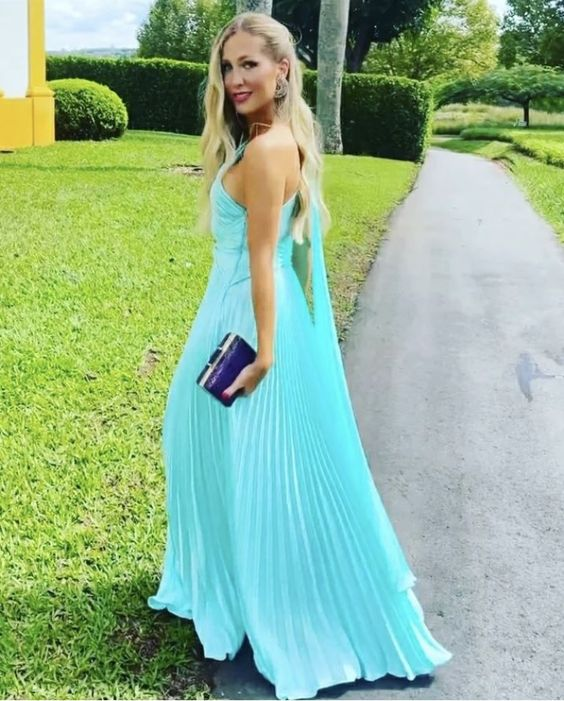 Robe de soirée longue plissée bleue asymétrique, coupe trapèze, DP1808