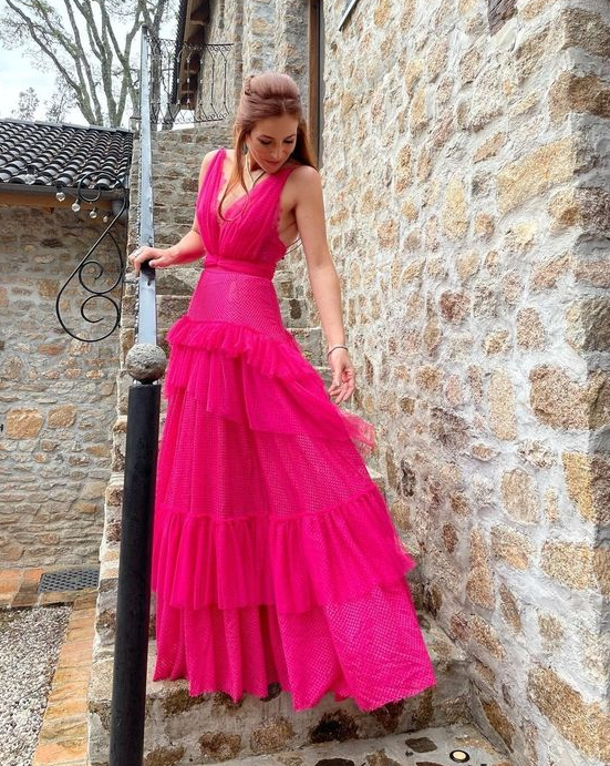 Robe de soirée longue rose vif, coupe trapèze, col en V, dos nu, DP1810