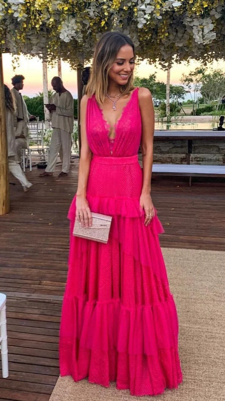Robe de soirée longue rose vif, coupe trapèze, col en V, dos nu, DP1810