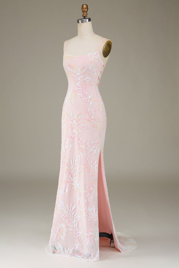 Light Pink Sequins Long Party Dress Evening Dress with Slit,DP1811