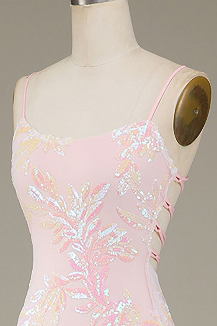 Light Pink Sequins Long Party Dress Evening Dress with Slit,DP1811